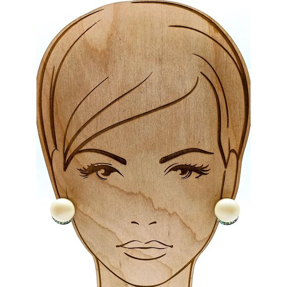 Elegant Faux Pearl Button Earrings with AB Crystal Crescent Halo, Vintage Chic C - Picture 3 of 4